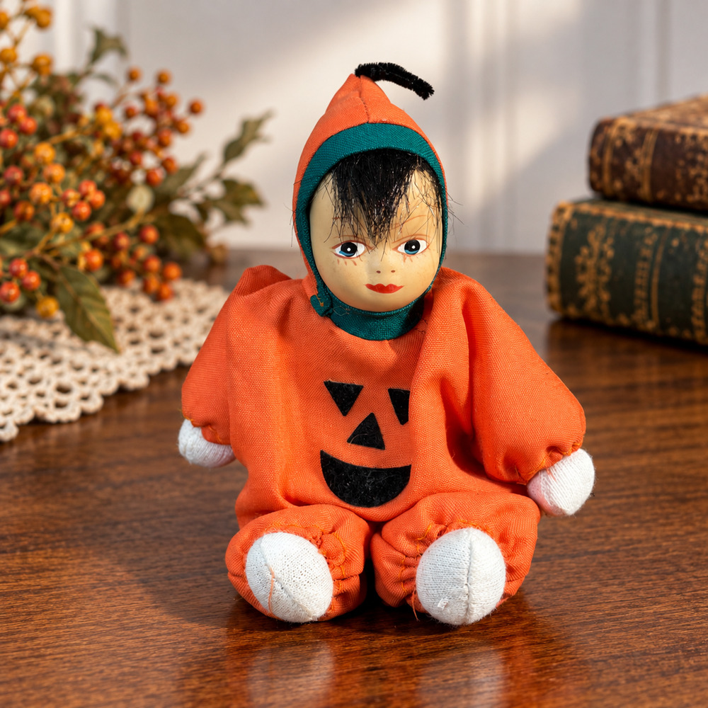 Vintage Halloween Pumpkin Costume Cloth Doll Jack O Lantern Face